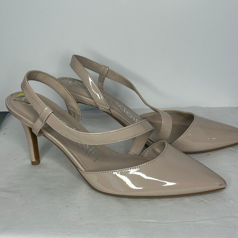 Calvin Klein Nude Patent Slingback Pointed Toe Kitten Heels Women’s 9.5M Pumps